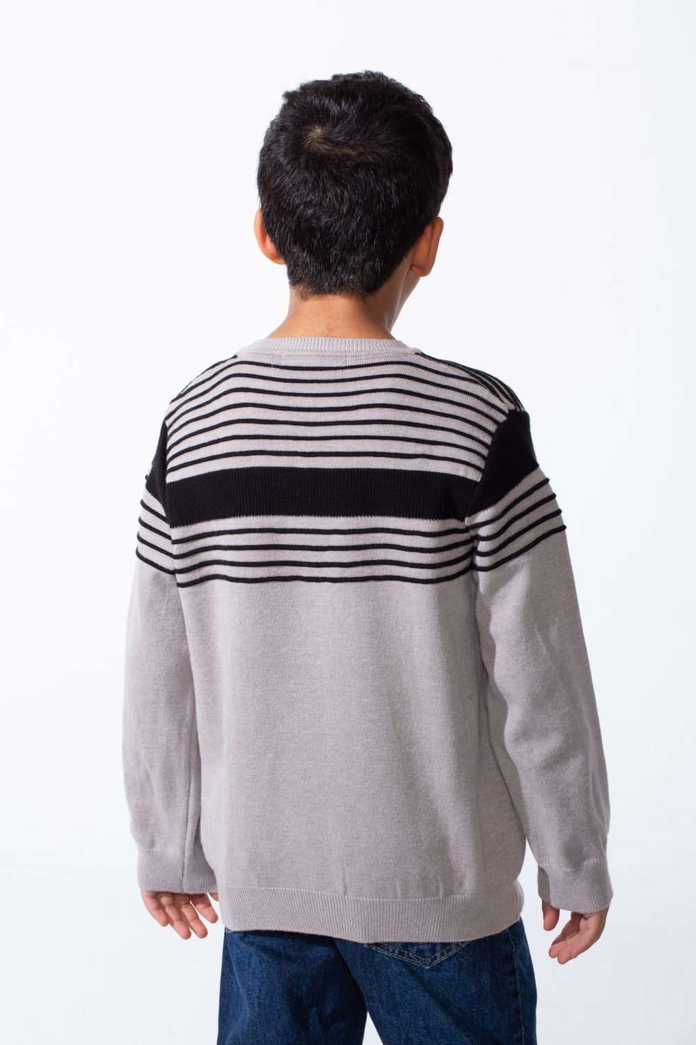 Boy's Refined Fine-Knit Yarn Fine And Bold Multi Stripe Design Slim Fit Pullover