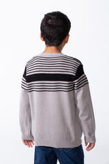 Boy's Refined Fine-Knit Yarn Fine And Bold Multi Stripe Design Slim Fit Pullover