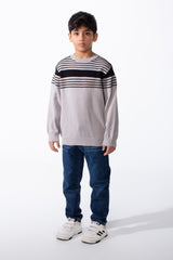 Boy's Refined Fine-Knit Yarn Fine And Bold Multi Stripe Design Slim Fit Pullover