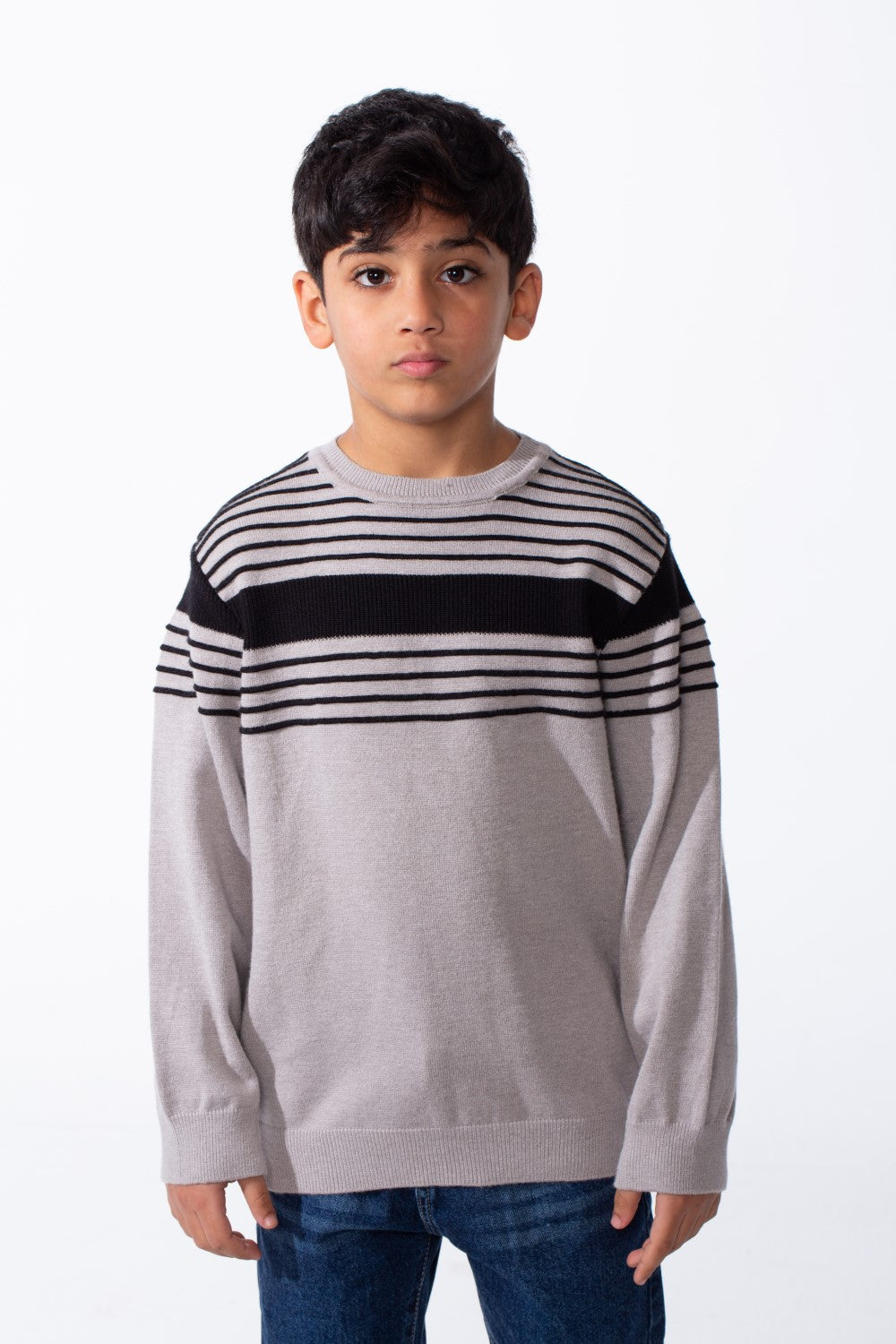 Boy's Refined Fine-Knit Yarn Fine And Bold Multi Stripe Design Slim Fit Pullover