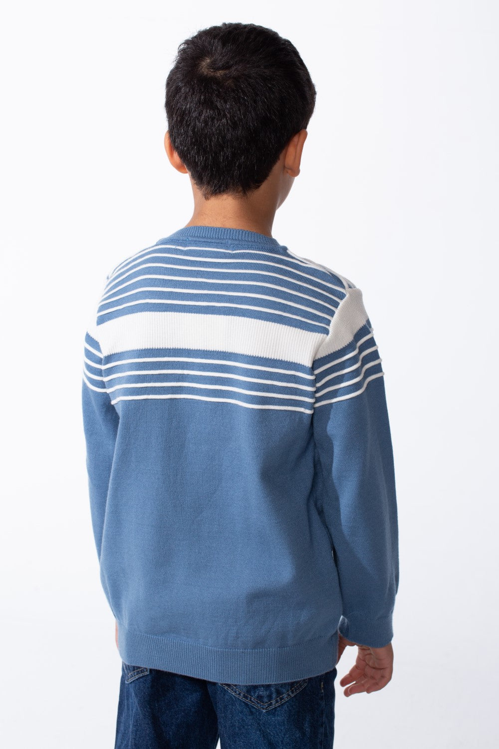 Boy's Refined Fine-Knit Yarn Fine And Bold Multi Stripe Design Slim Fit Pullover