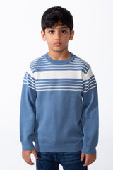 Boy's Refined Fine-Knit Yarn Fine And Bold Multi Stripe Design Slim Fit Pullover
