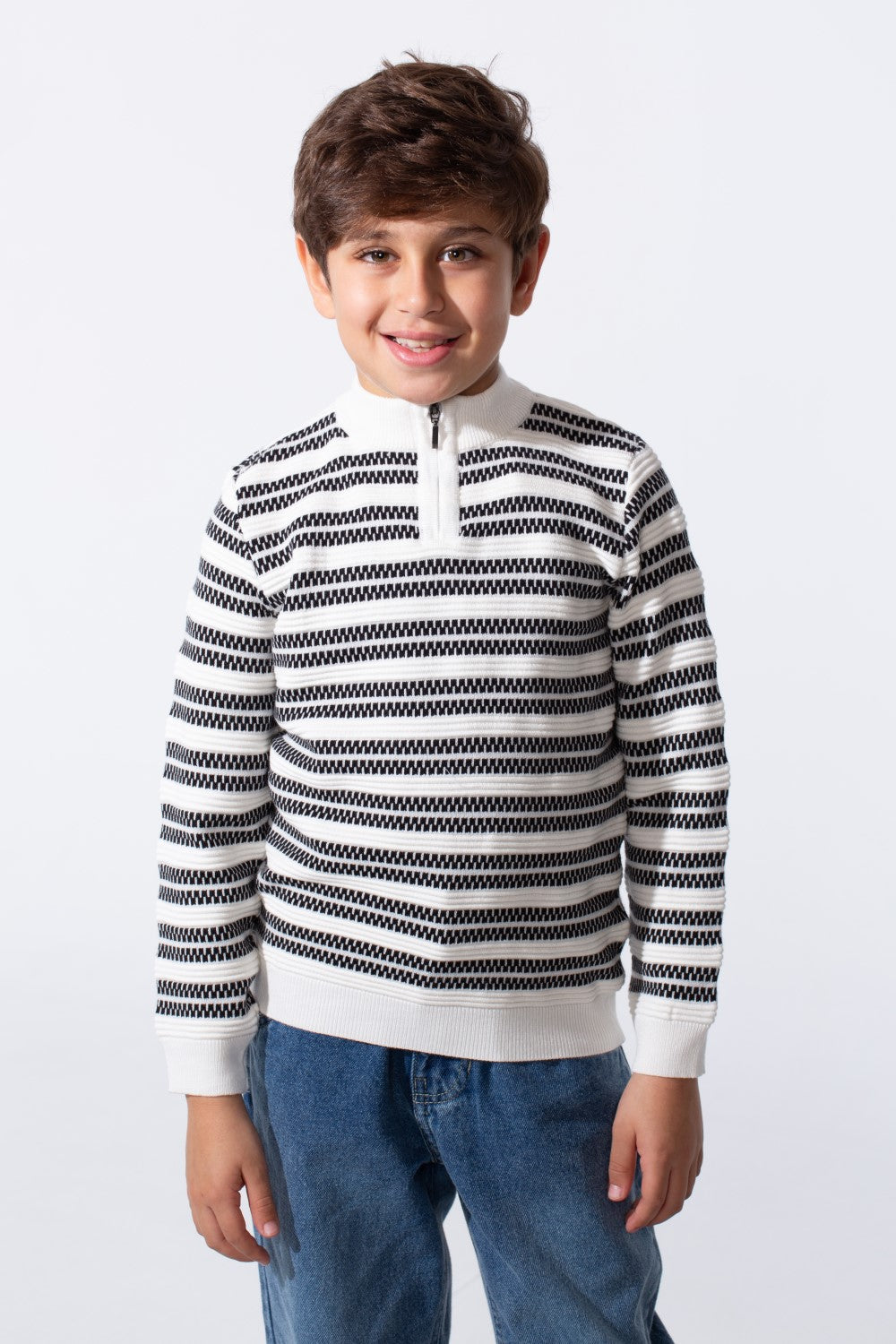 Boy's Striped Slim Fit Half Zip Long Sleeved Pullover Sweater