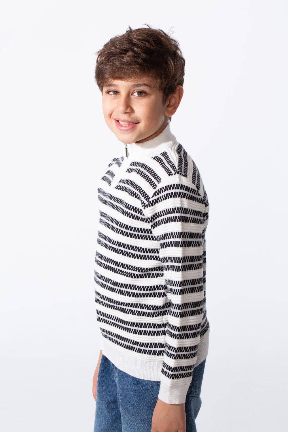 Boy's Striped Slim Fit Half Zip Long Sleeved Pullover Sweater