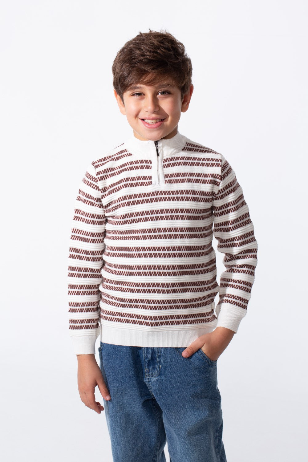 Boy's Striped Slim Fit Half Zip Long Sleeved Pullover Sweater