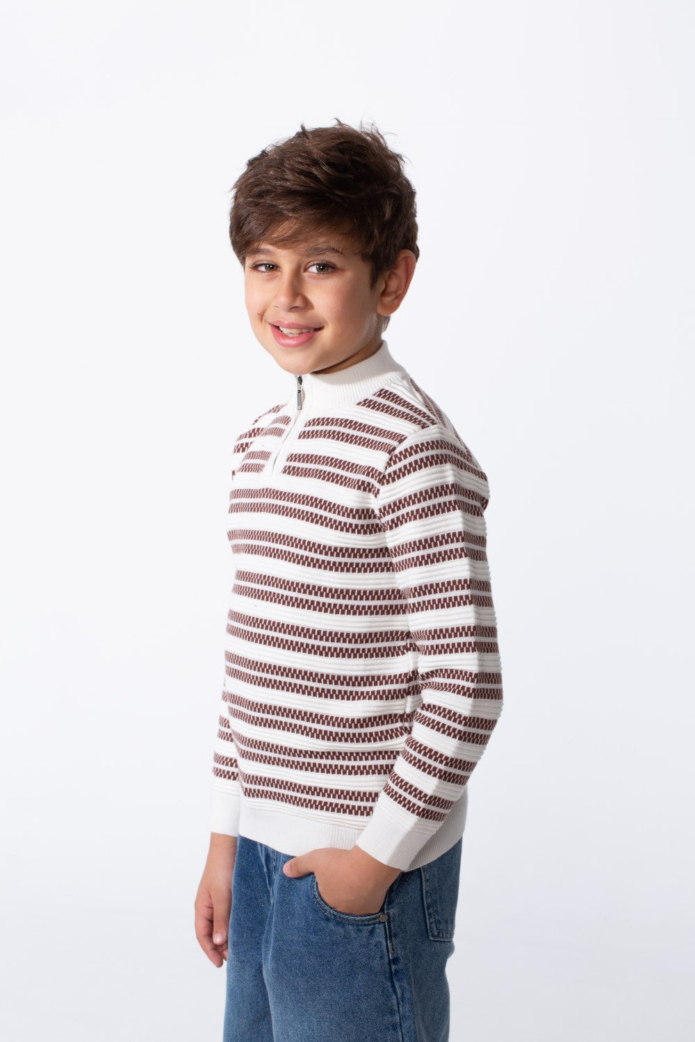 Boy's Striped Slim Fit Half Zip Long Sleeved Pullover Sweater
