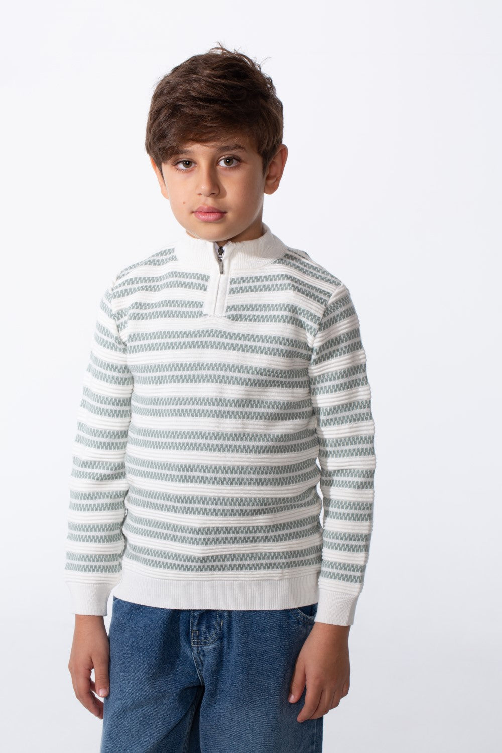 Boy's Striped Slim Fit Half Zip Long Sleeved Pullover Sweater