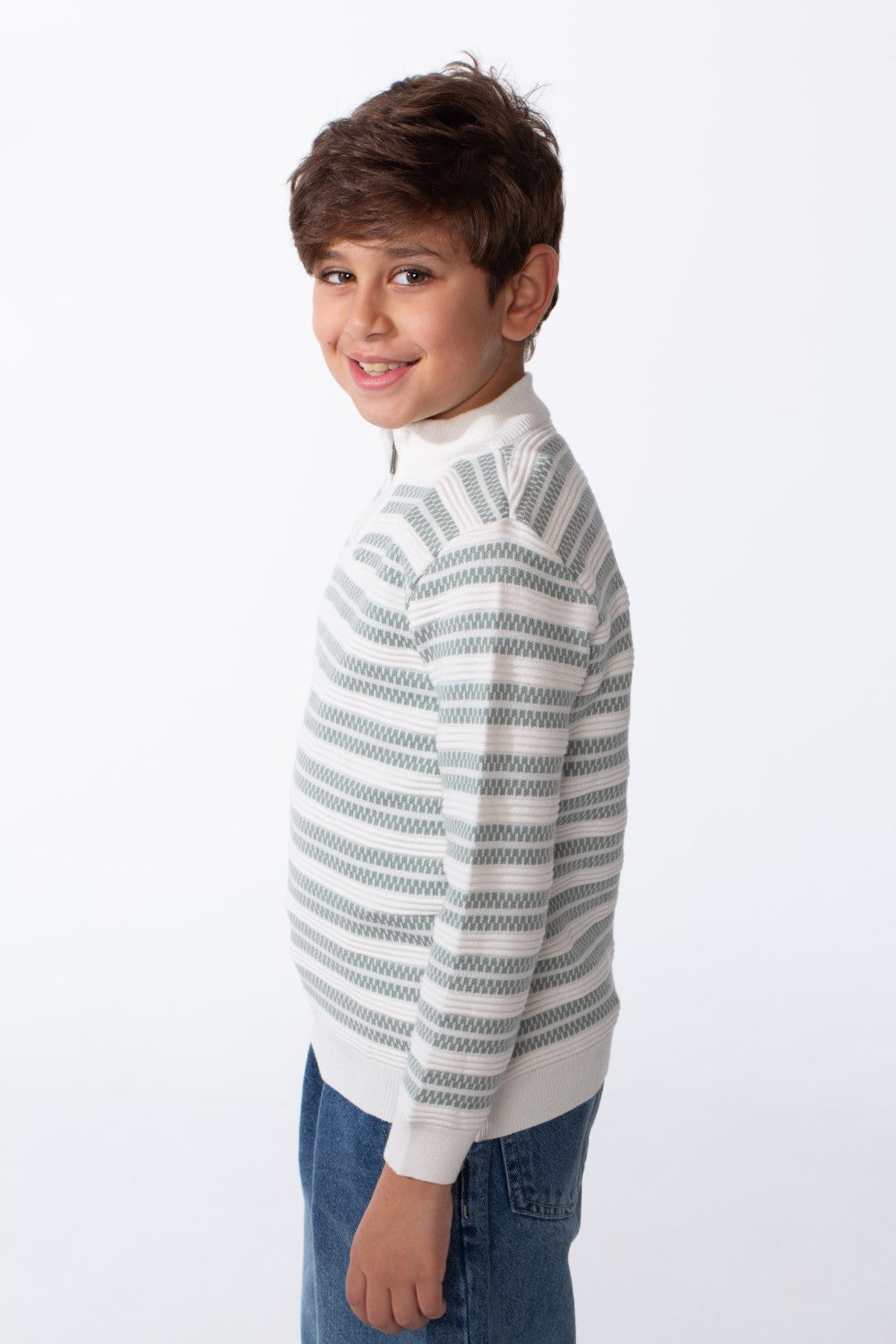 Boy's Striped Slim Fit Half Zip Long Sleeved Pullover Sweater