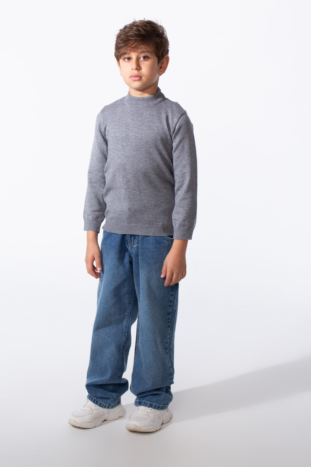 Boy's Plain Slim Fit Long Sleeve Round Pullover