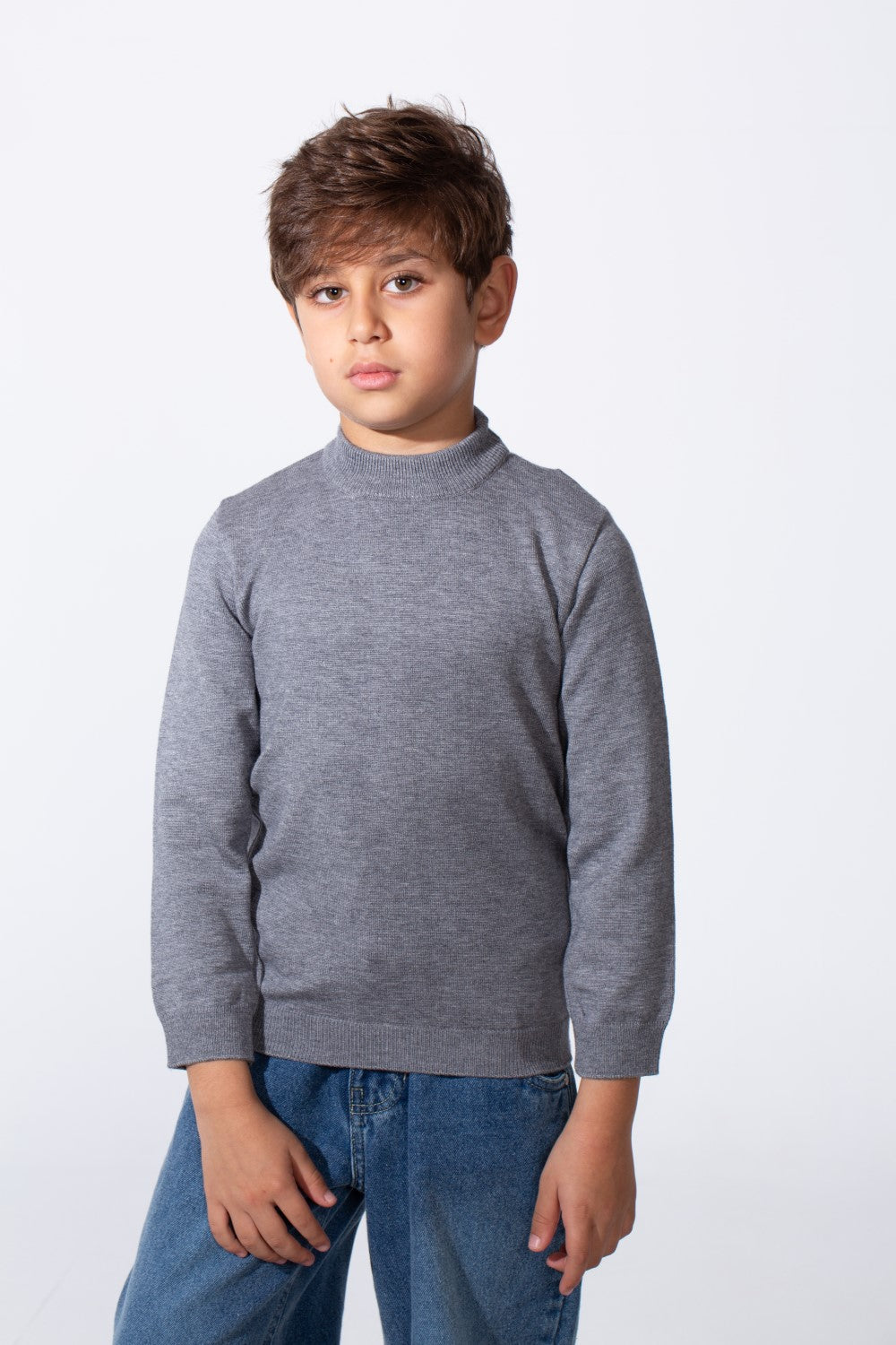 Boy's Plain Slim Fit Long Sleeve Round Pullover