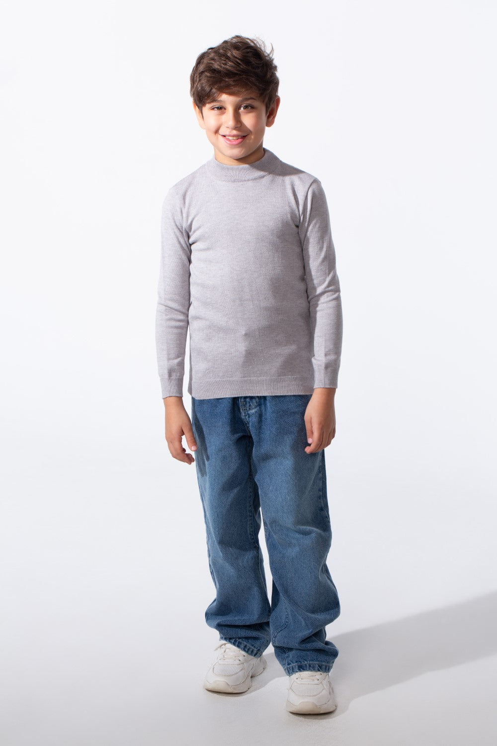 Boy's Plain Slim Fit Long Sleeve Round Pullover