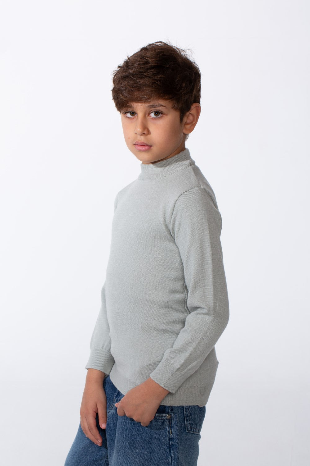 Boy's Plain Slim Fit Long Sleeve Round Pullover