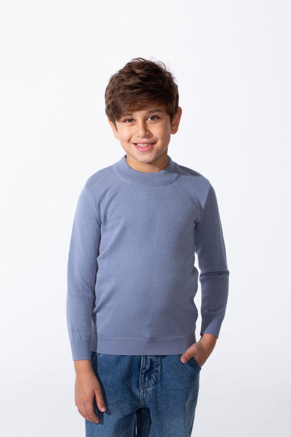 Boy's Plain Slim Fit Long Sleeve Round Pullover