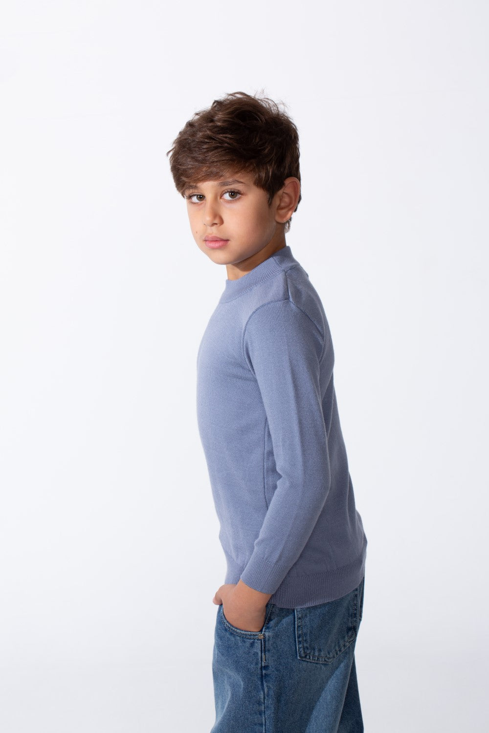 Boy's Plain Slim Fit Long Sleeve Round Pullover