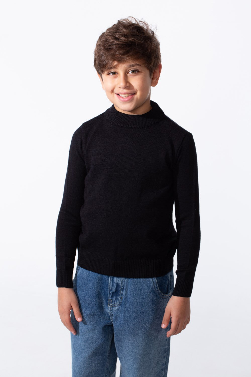 Boy's Plain Slim Fit Long Sleeve Round Pullover