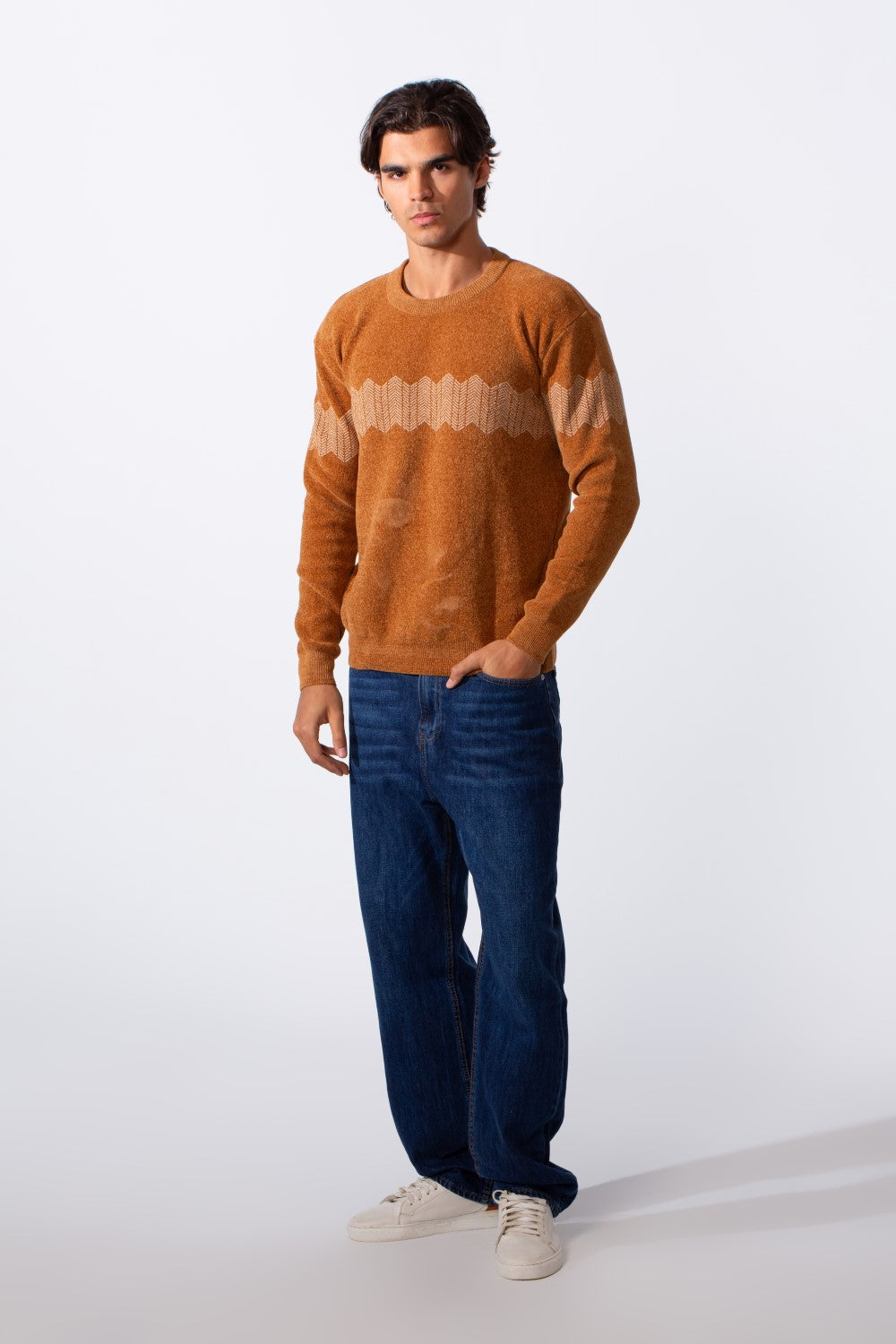 Men's Long Sleeves Slim Fit Striped Rounded Pullover