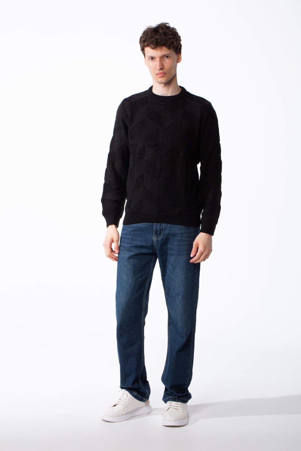 Men's Textured Geometric Panels Ribbed Crew Neck Set-In Sleeves Design Practical Knit Fabric Slim Fit Pullover
