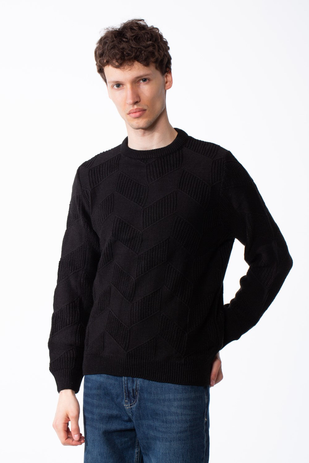 Men's Textured Geometric Panels Ribbed Crew Neck Set-In Sleeves Design Practical Knit Fabric Slim Fit Pullover