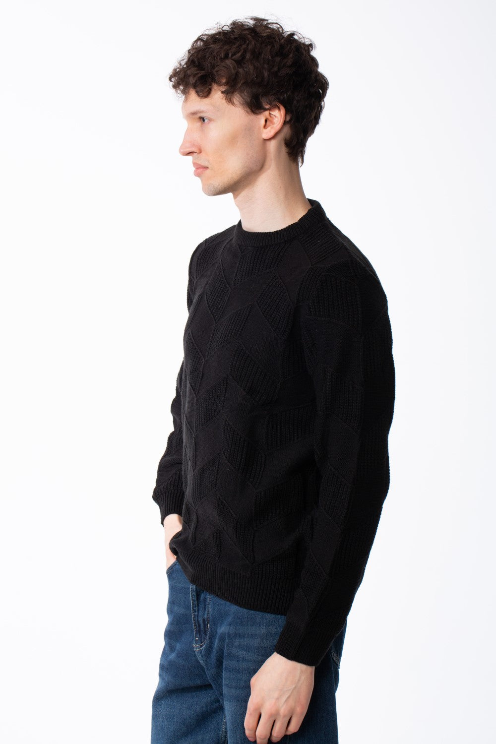 Men's Textured Geometric Panels Ribbed Crew Neck Set-In Sleeves Design Practical Knit Fabric Slim Fit Pullover
