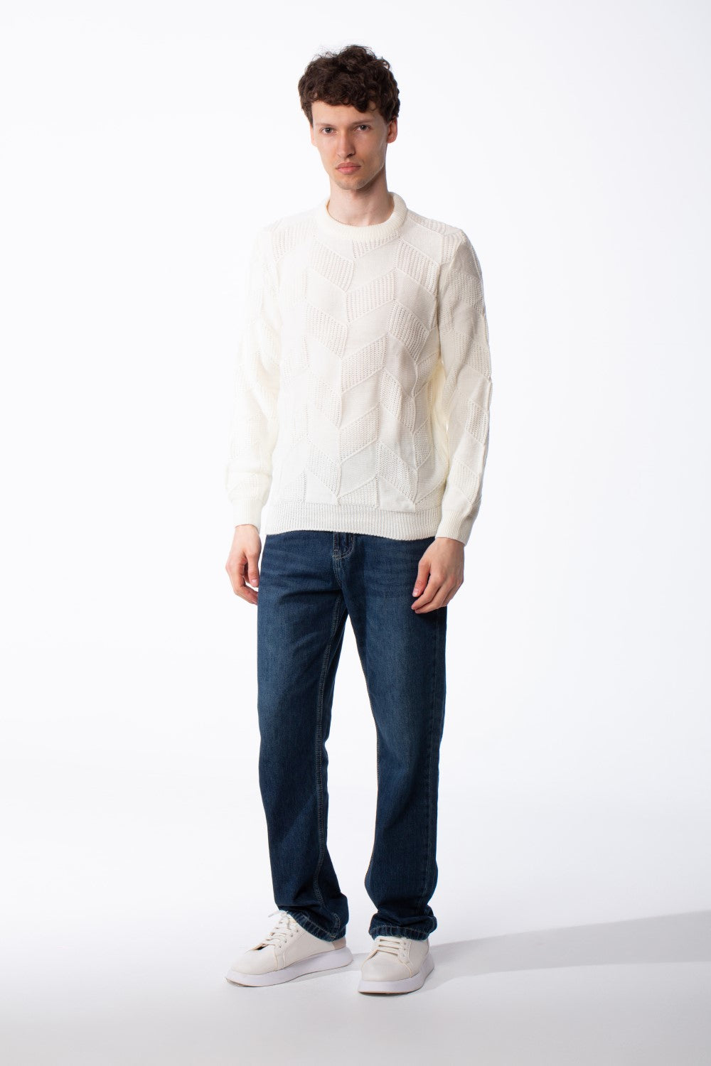 Men's Textured Geometric Panels Ribbed Crew Neck Set-In Sleeves Design Practical Knit Fabric Slim Fit Pullover