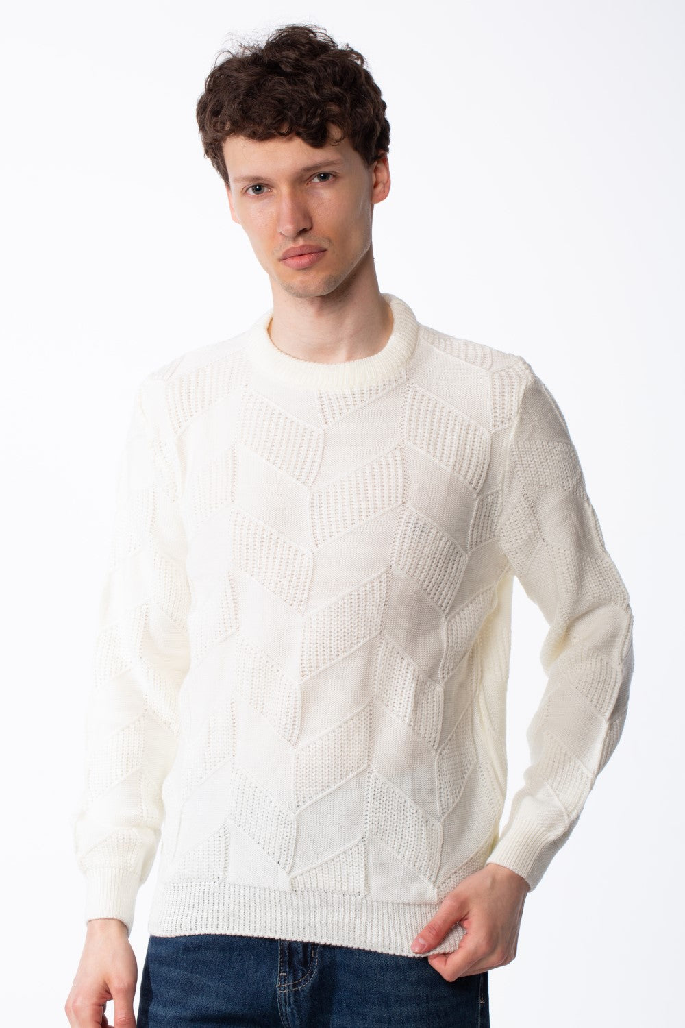 Men's Textured Geometric Panels Ribbed Crew Neck Set-In Sleeves Design Practical Knit Fabric Slim Fit Pullover