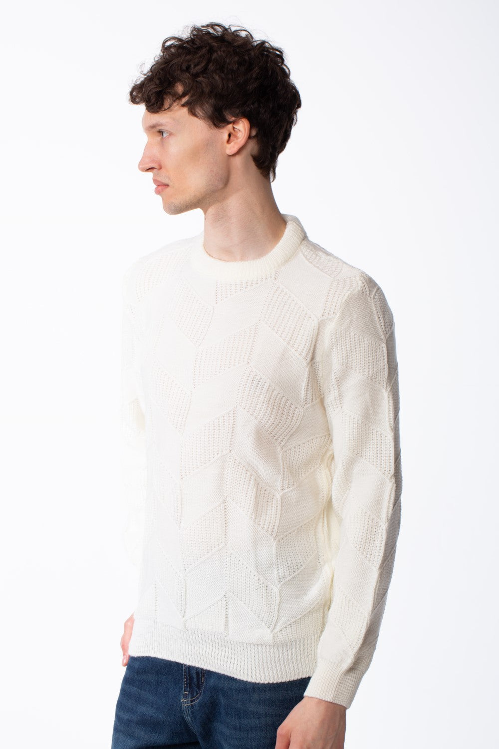 Men's Textured Geometric Panels Ribbed Crew Neck Set-In Sleeves Design Practical Knit Fabric Slim Fit Pullover