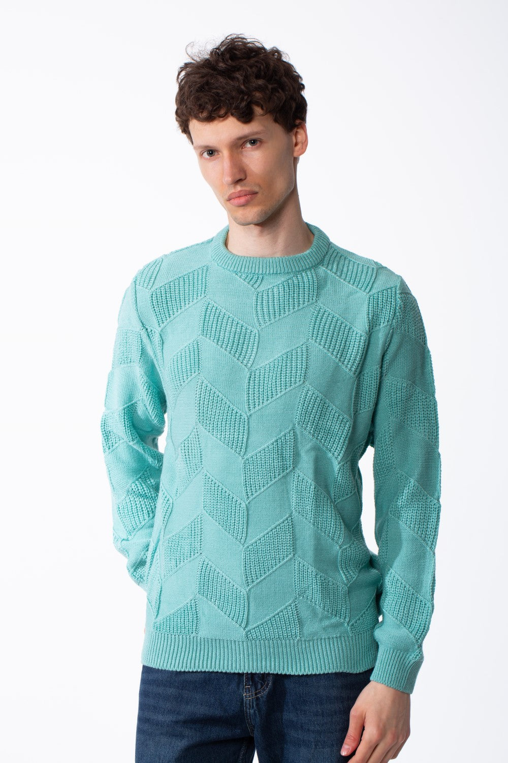 Men's Textured Geometric Panels Ribbed Crew Neck Set-In Sleeves Design Practical Knit Fabric Slim Fit Pullover