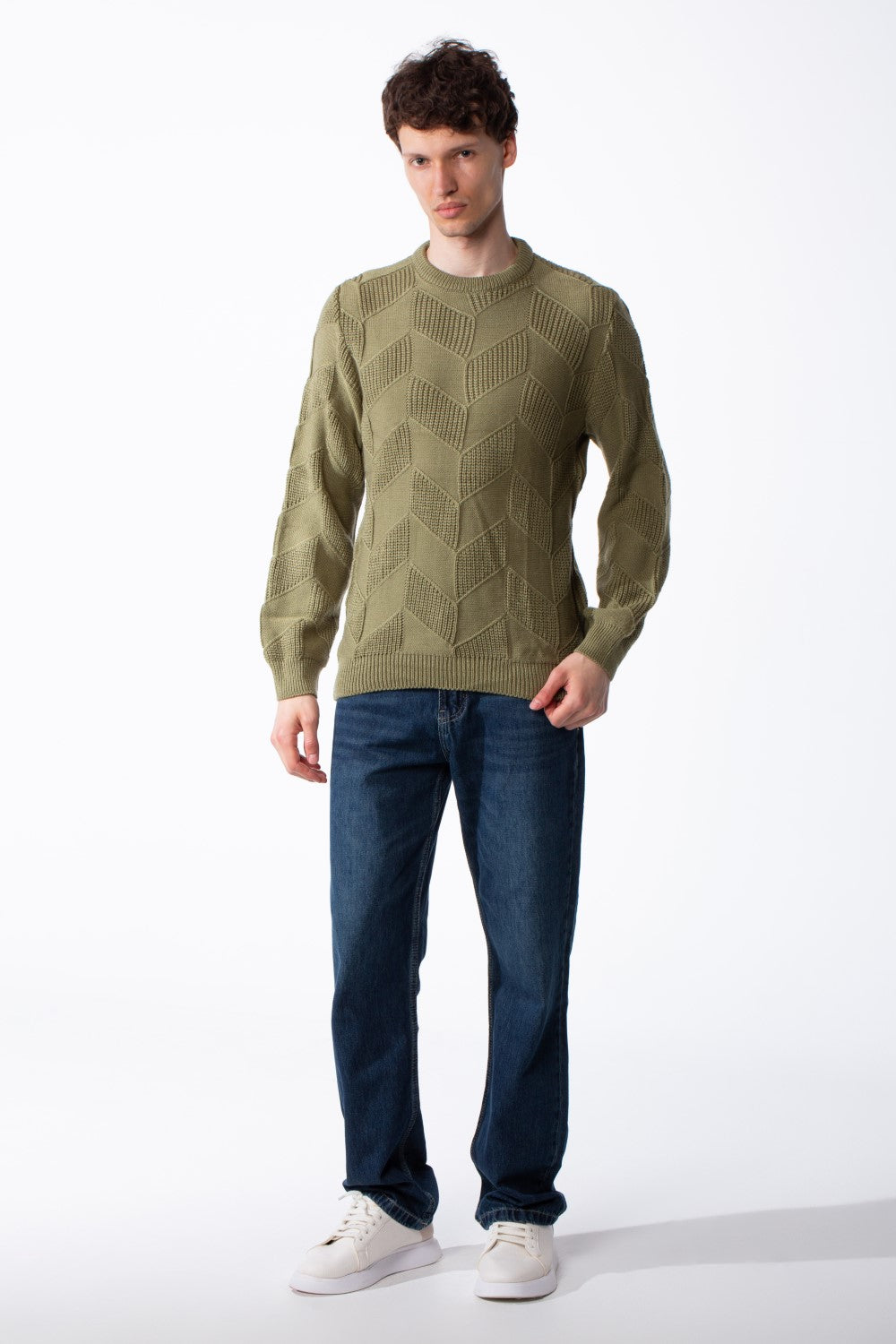 Men's Textured Geometric Panels Ribbed Crew Neck Set-In Sleeves Design Practical Knit Fabric Slim Fit Pullover