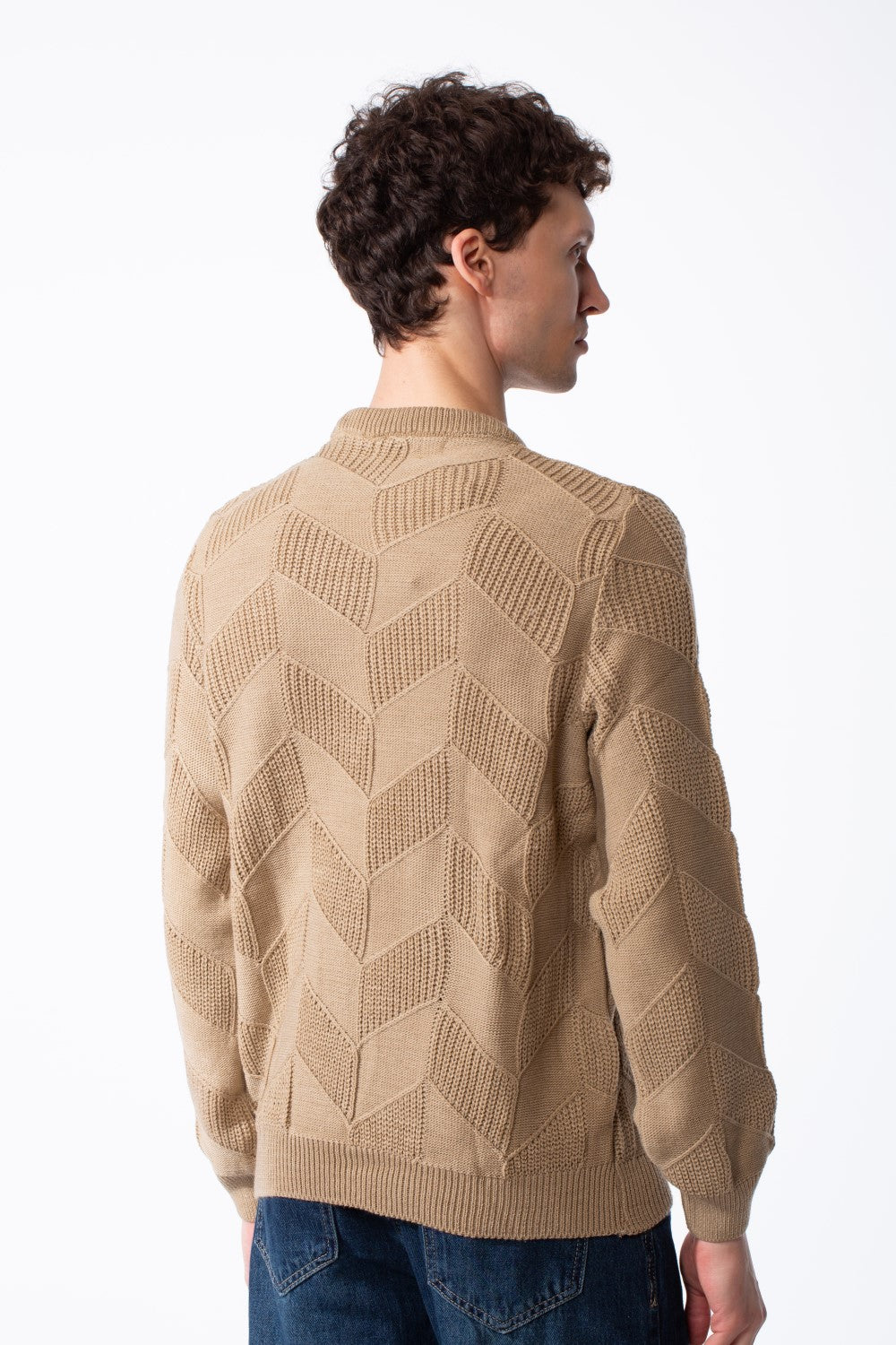 Men's Textured Geometric Panels Ribbed Crew Neck Set-In Sleeves Design Practical Knit Fabric Slim Fit Pullover