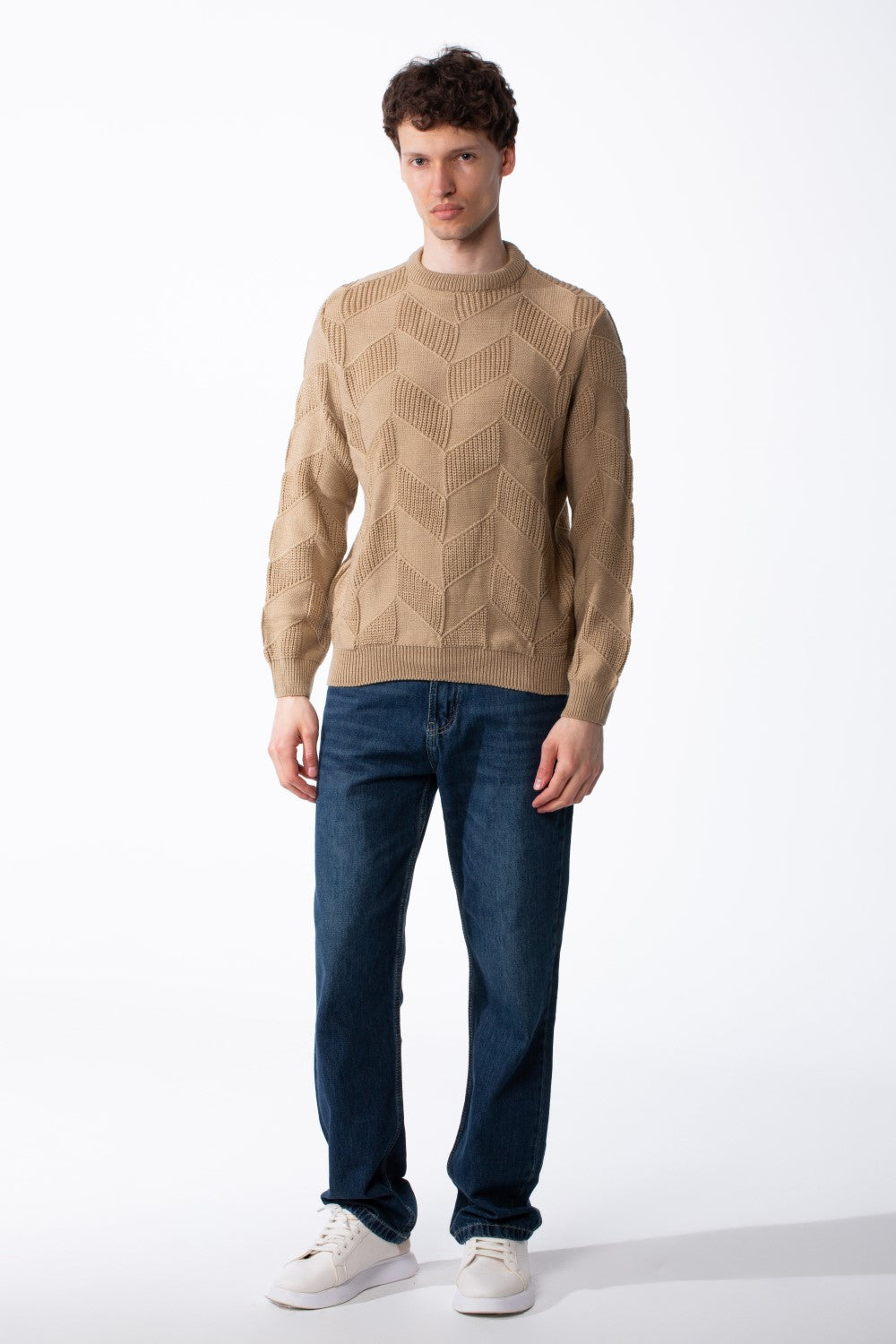 Men's Textured Geometric Panels Ribbed Crew Neck Set-In Sleeves Design Practical Knit Fabric Slim Fit Pullover
