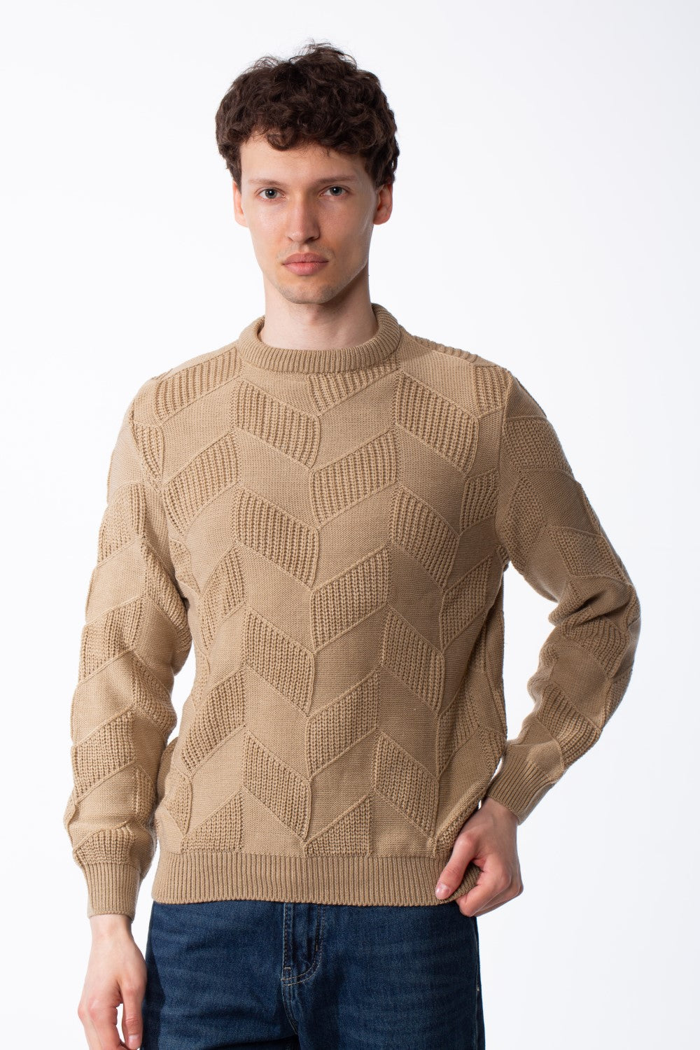 Men's Textured Geometric Panels Ribbed Crew Neck Set-In Sleeves Design Practical Knit Fabric Slim Fit Pullover