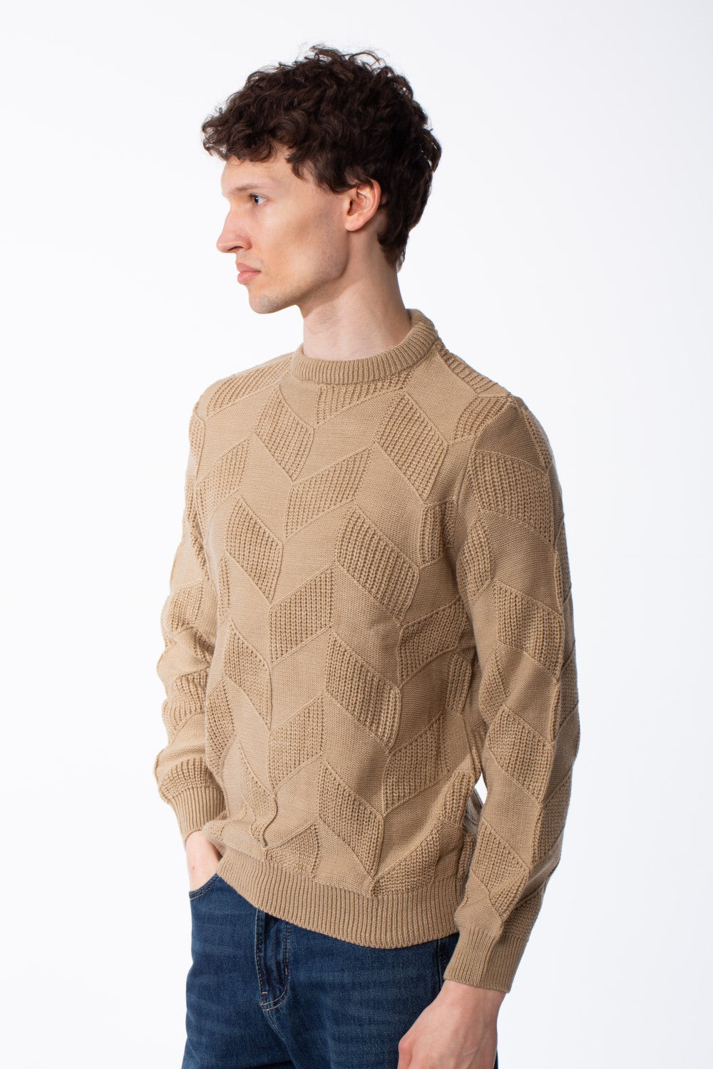 Men's Textured Geometric Panels Ribbed Crew Neck Set-In Sleeves Design Practical Knit Fabric Slim Fit Pullover