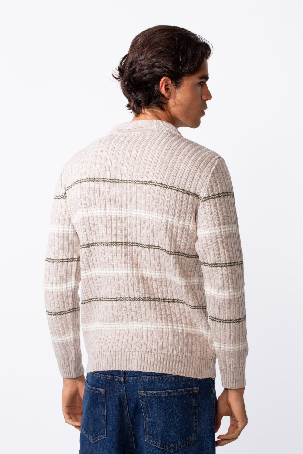 Men's Half Zipper Polo Neck Striped Slim Fit Pullover