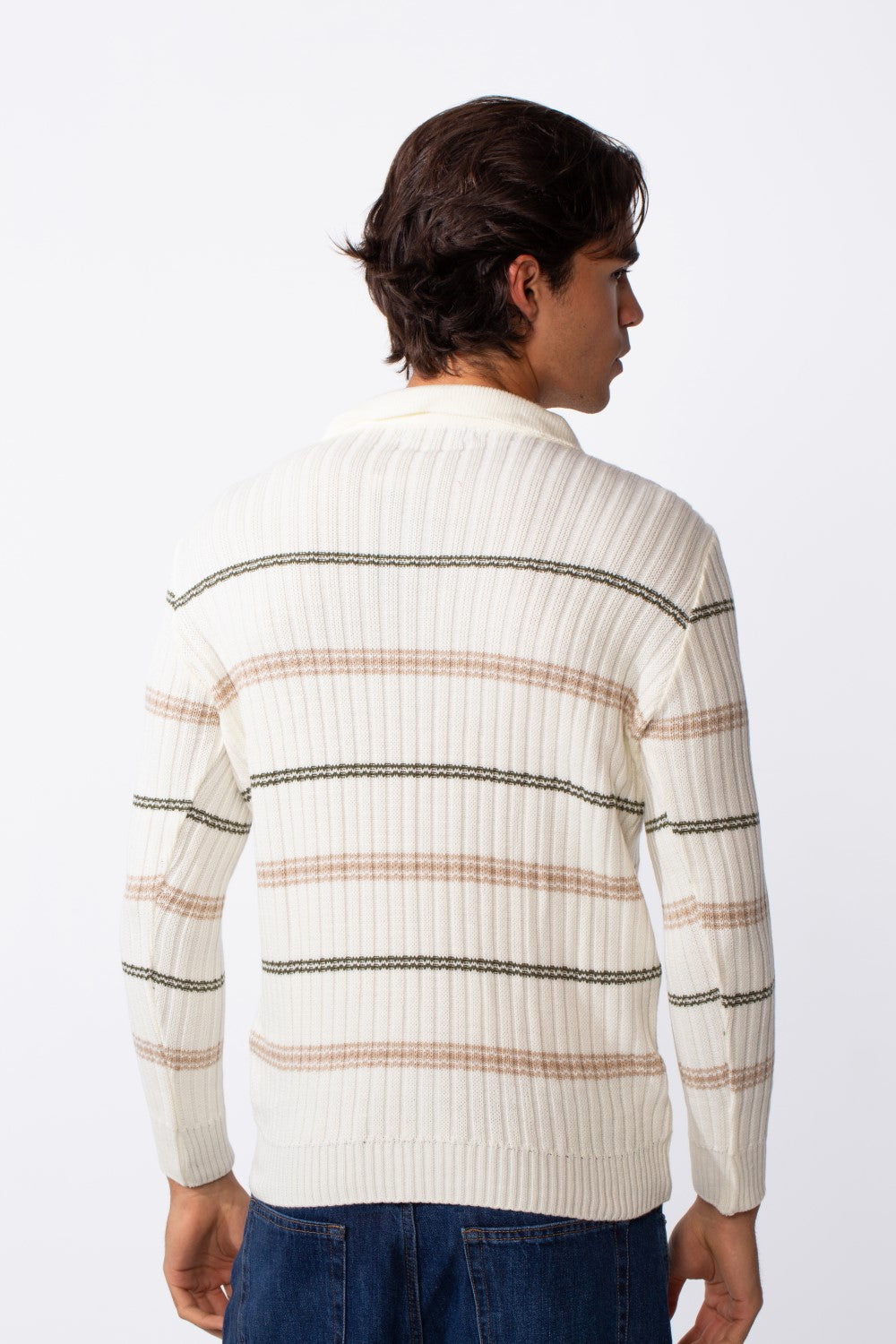 Men's Half Zipper Polo Neck Striped Slim Fit Pullover