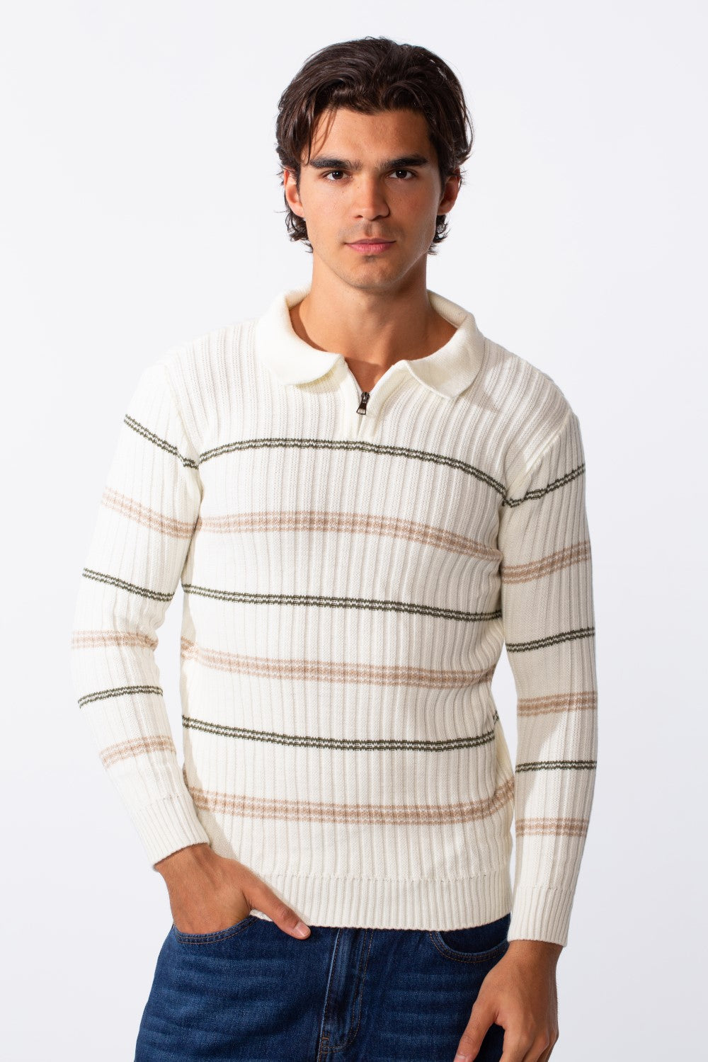 Men's Half Zipper Polo Neck Striped Slim Fit Pullover