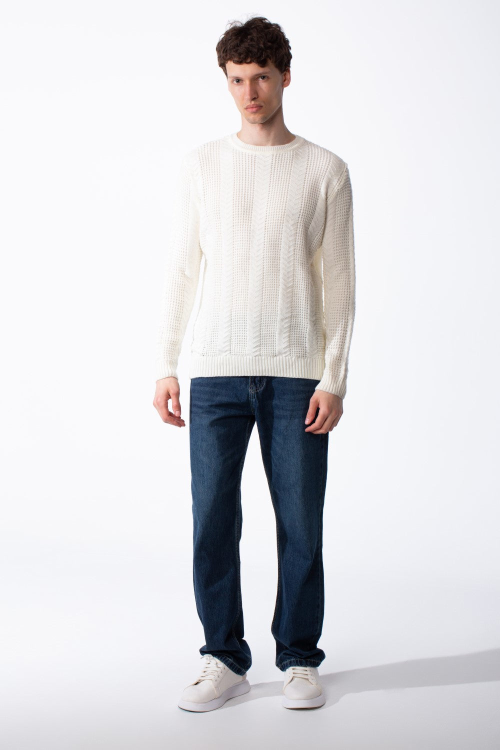 Men's Crew Neck Knitted Fabric Vertical Pattern Of Ribbed Textured Panels Slim Fit Pullover