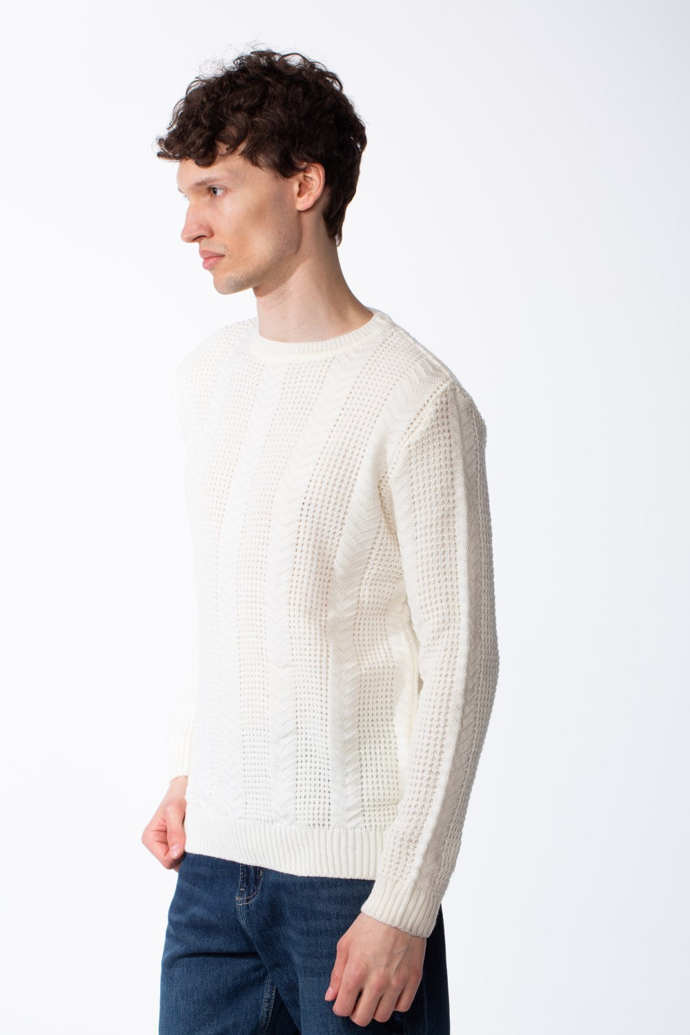 Men's Crew Neck Knitted Fabric Vertical Pattern Of Ribbed Textured Panels Slim Fit Pullover