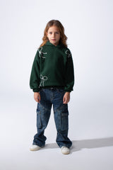 Girl's Slim Fit Elasticated Cuffs And Waistband Long Sleeve Printed Hooded Daily Wear Melton Sweatshirt