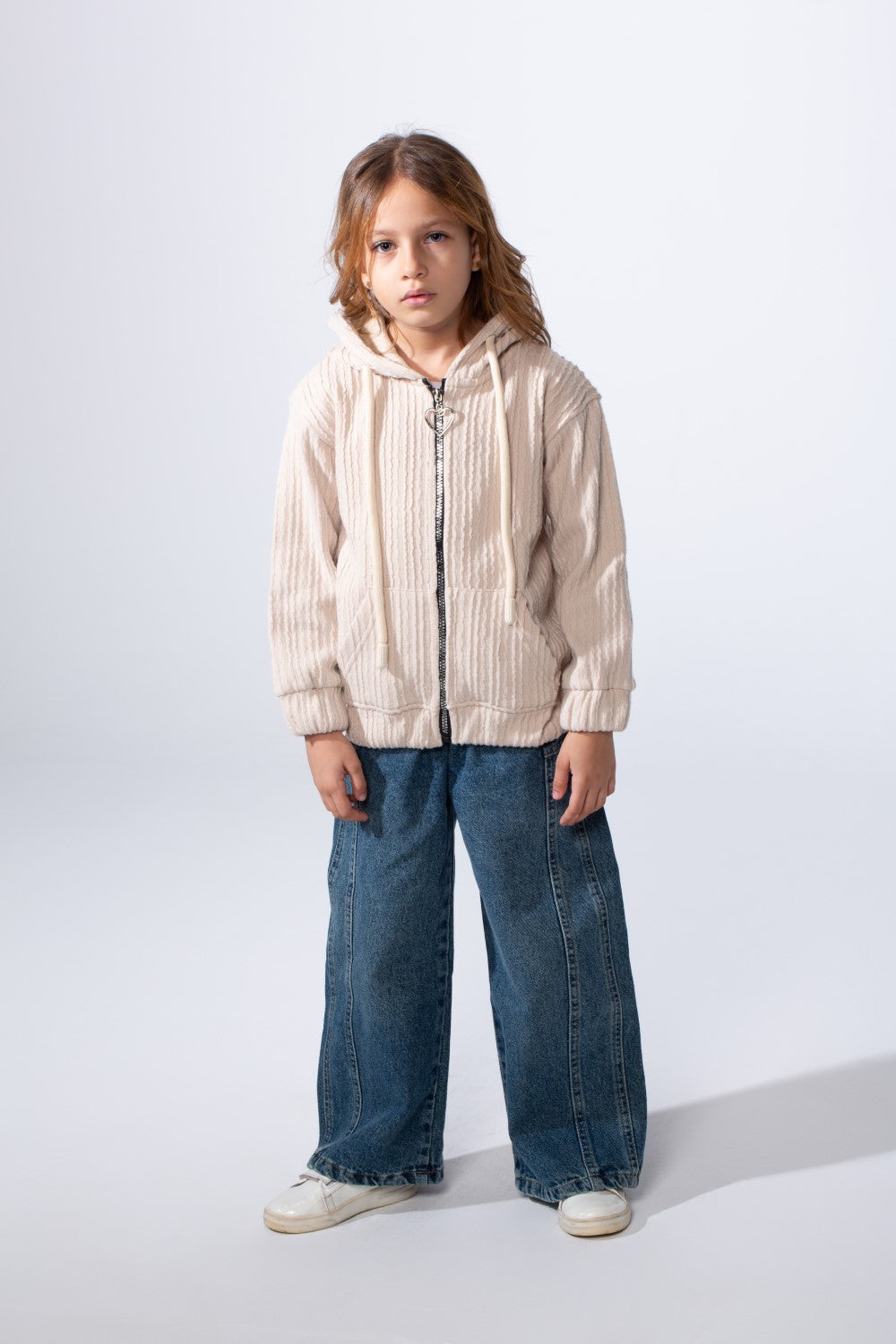 Girl's Textured Zip-Up Ribbed Patterns Split Kangaroo Front Pockets Tomato Store Slim Fit Sweatshirt