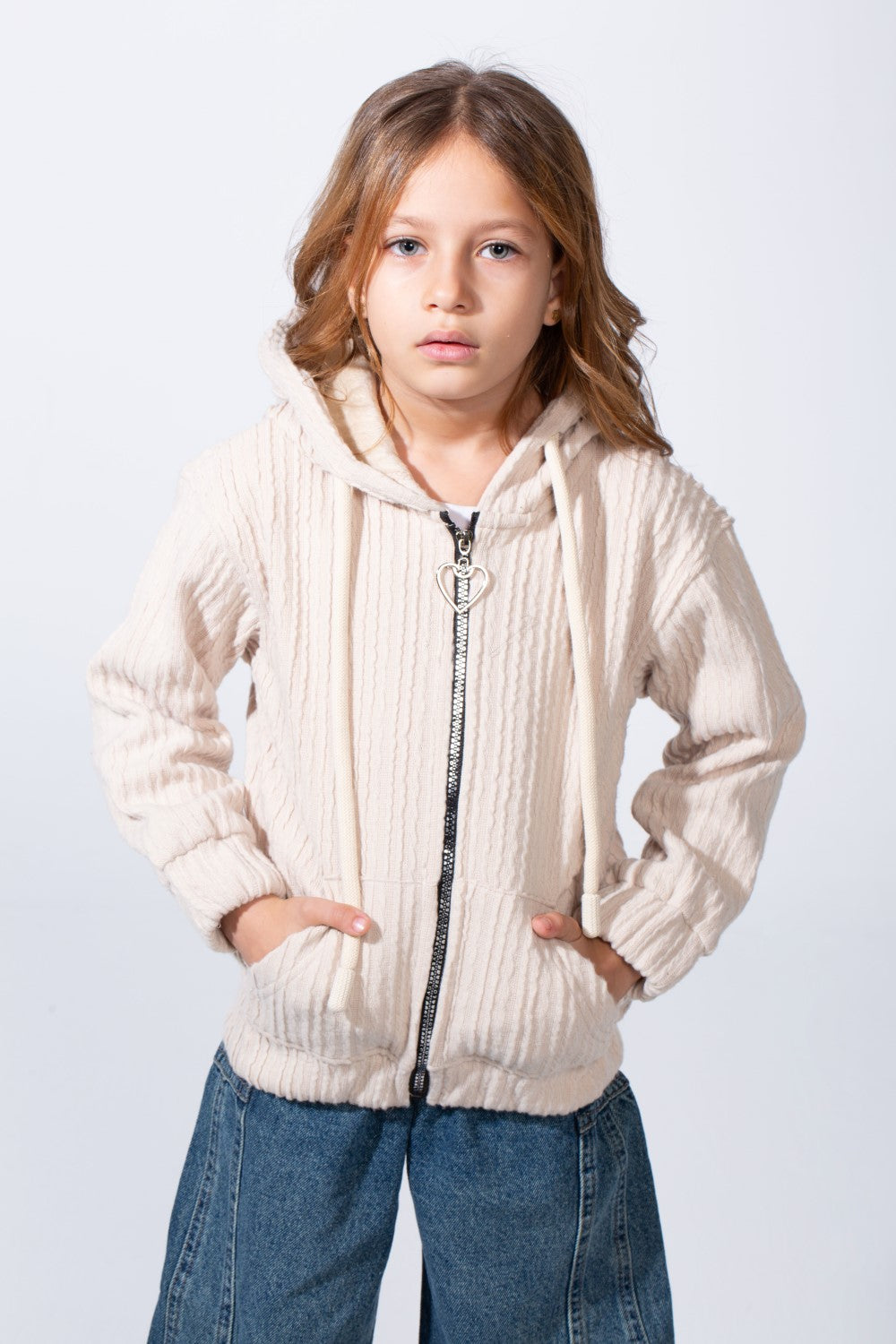 Girl's Textured Zip-Up Ribbed Patterns Split Kangaroo Front Pockets Tomato Store Slim Fit Sweatshirt