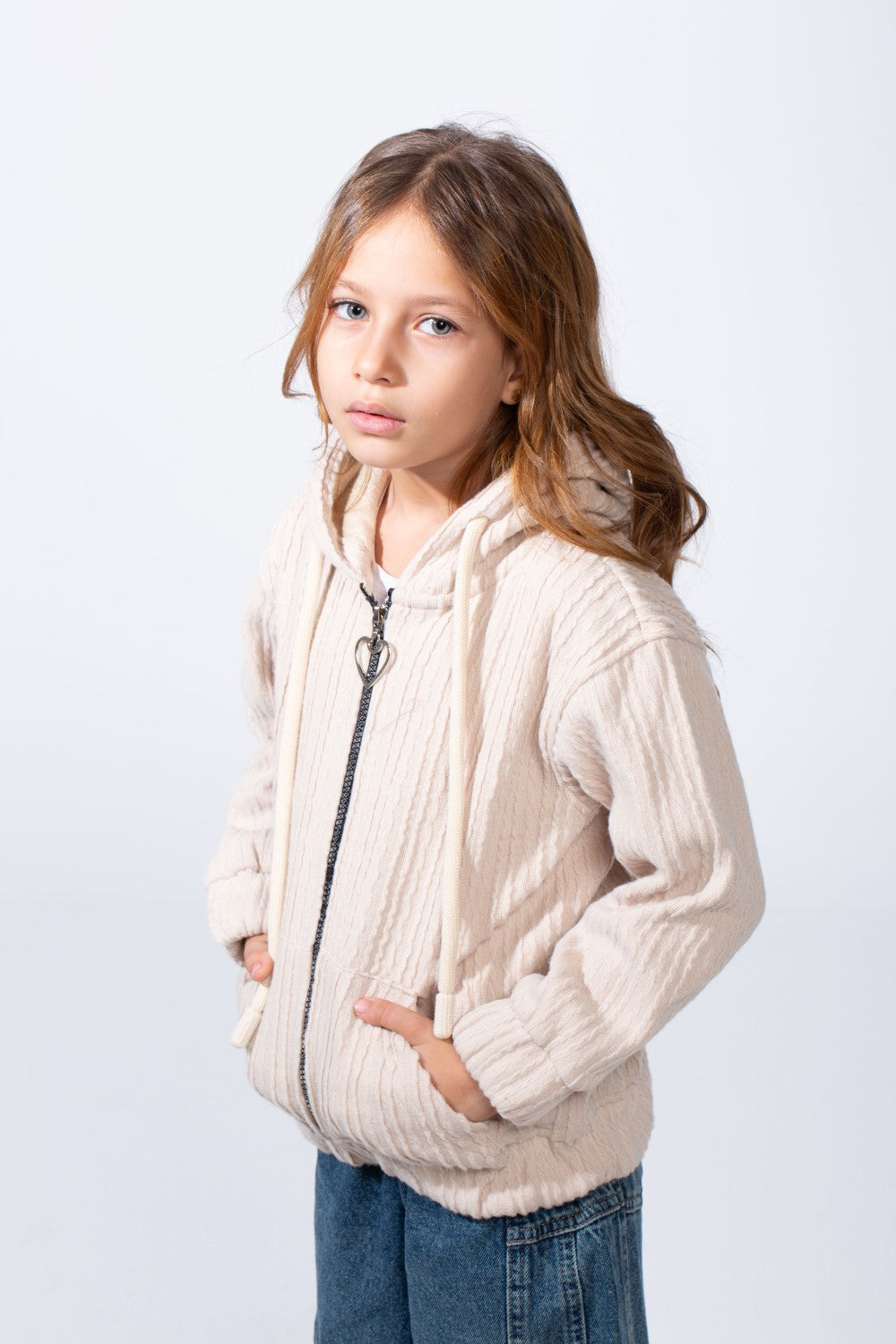 Girl's Textured Zip-Up Ribbed Patterns Split Kangaroo Front Pockets Tomato Store Slim Fit Sweatshirt