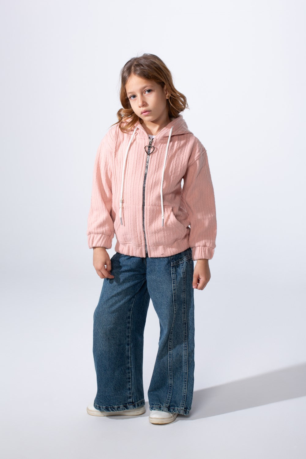 Girl's Textured Zip-Up Ribbed Patterns Split Kangaroo Front Pockets Tomato Store Slim Fit Sweatshirt
