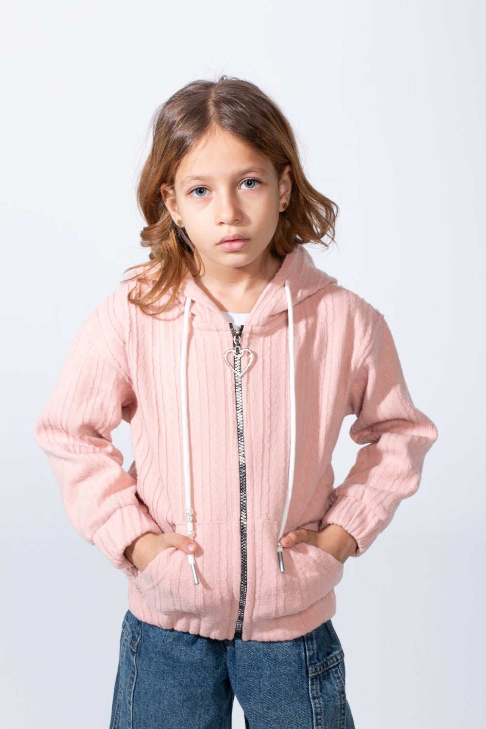 Girl's Textured Zip-Up Ribbed Patterns Split Kangaroo Front Pockets Tomato Store Slim Fit Sweatshirt