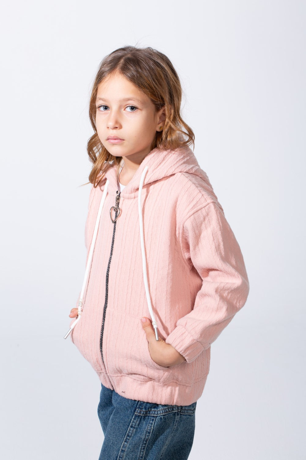 Girl's Textured Zip-Up Ribbed Patterns Split Kangaroo Front Pockets Tomato Store Slim Fit Sweatshirt