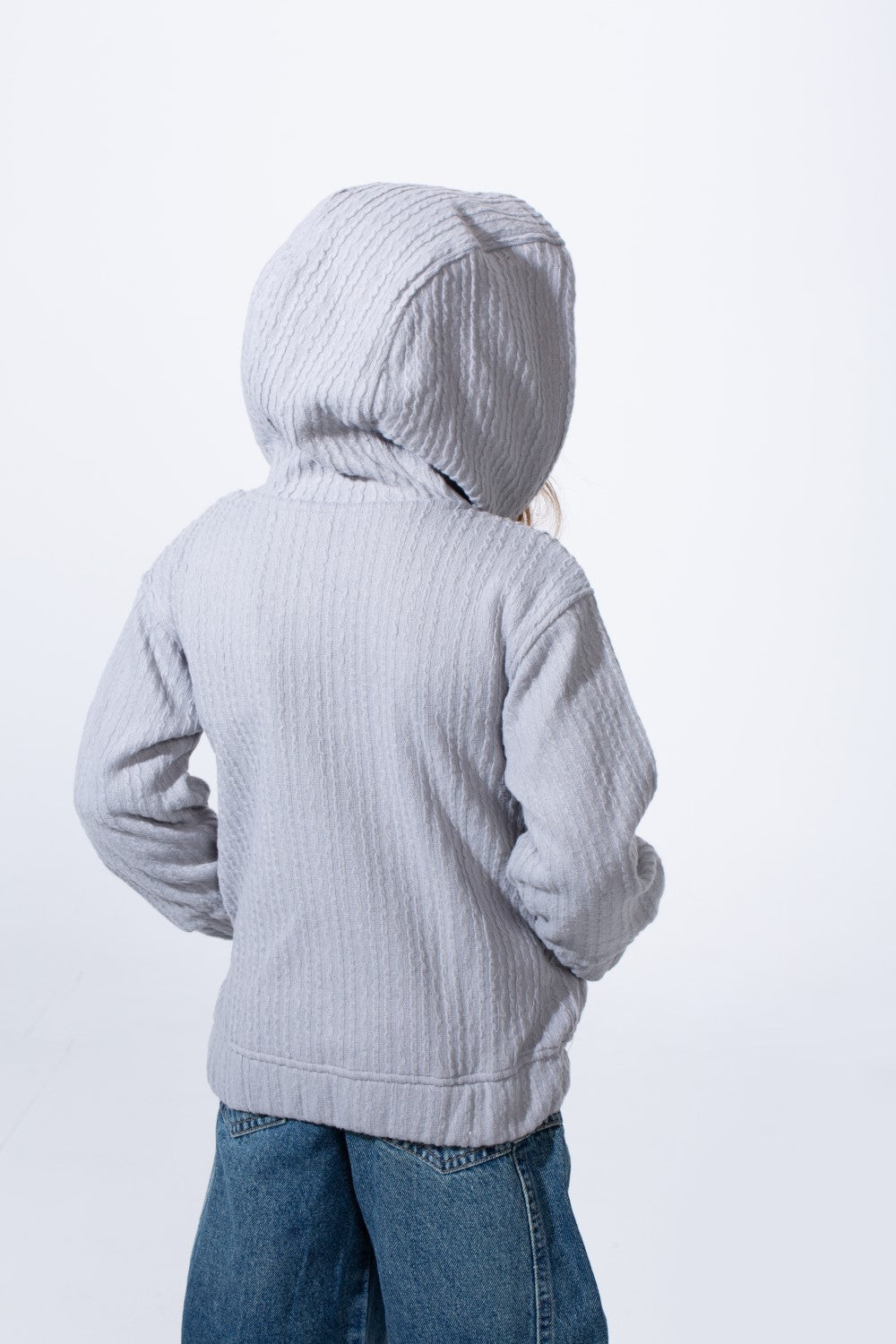 Girl's Textured Zip-Up Ribbed Patterns Split Kangaroo Front Pockets Tomato Store Slim Fit Sweatshirt