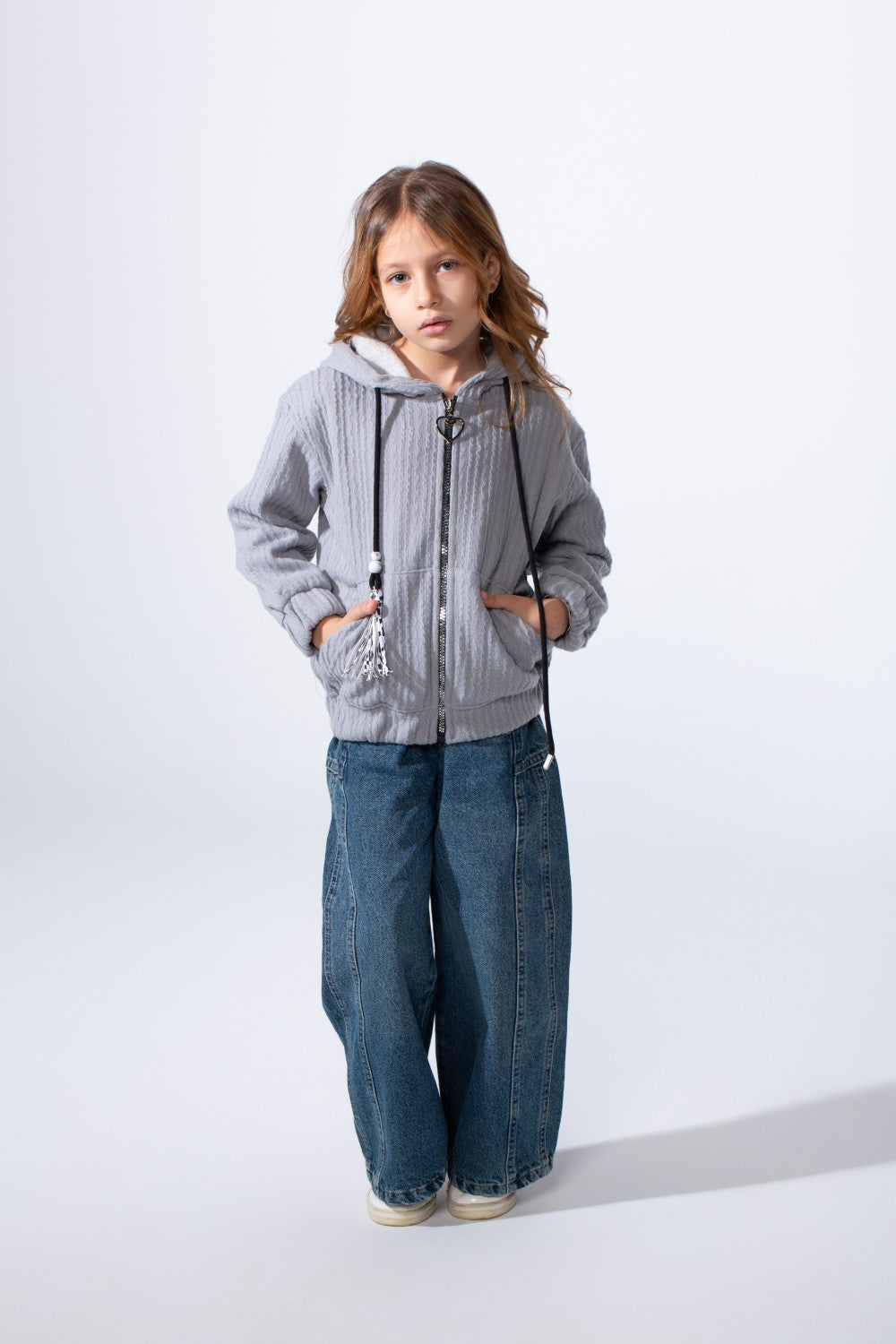 Girl's Textured Zip-Up Ribbed Patterns Split Kangaroo Front Pockets Tomato Store Slim Fit Sweatshirt