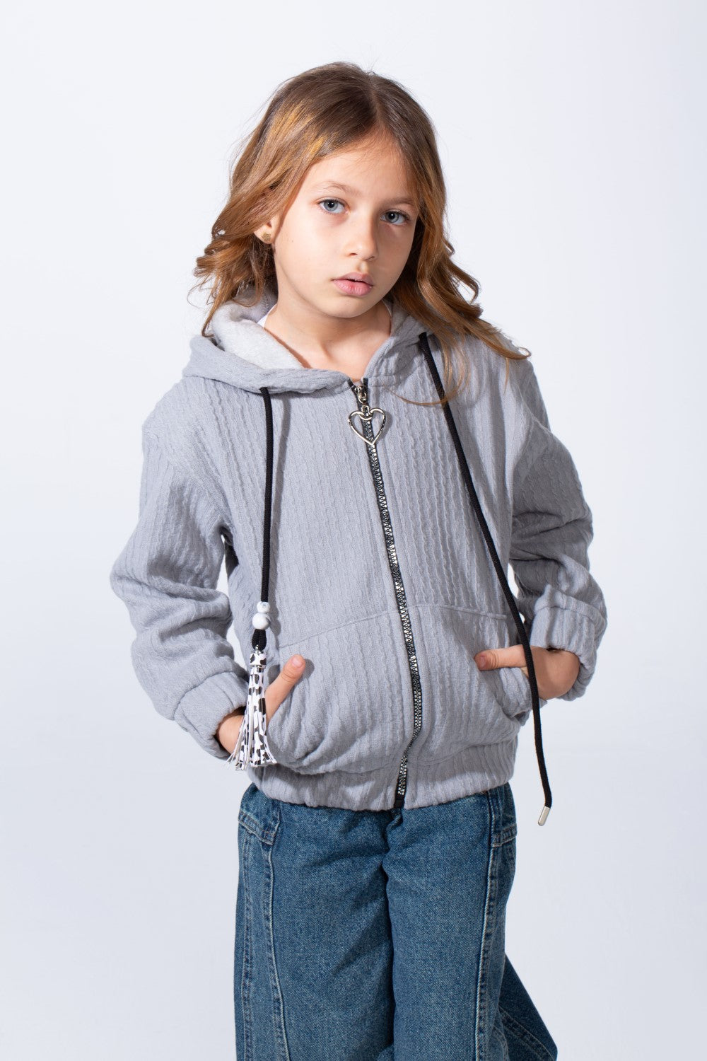 Girl's Textured Zip-Up Ribbed Patterns Split Kangaroo Front Pockets Tomato Store Slim Fit Sweatshirt