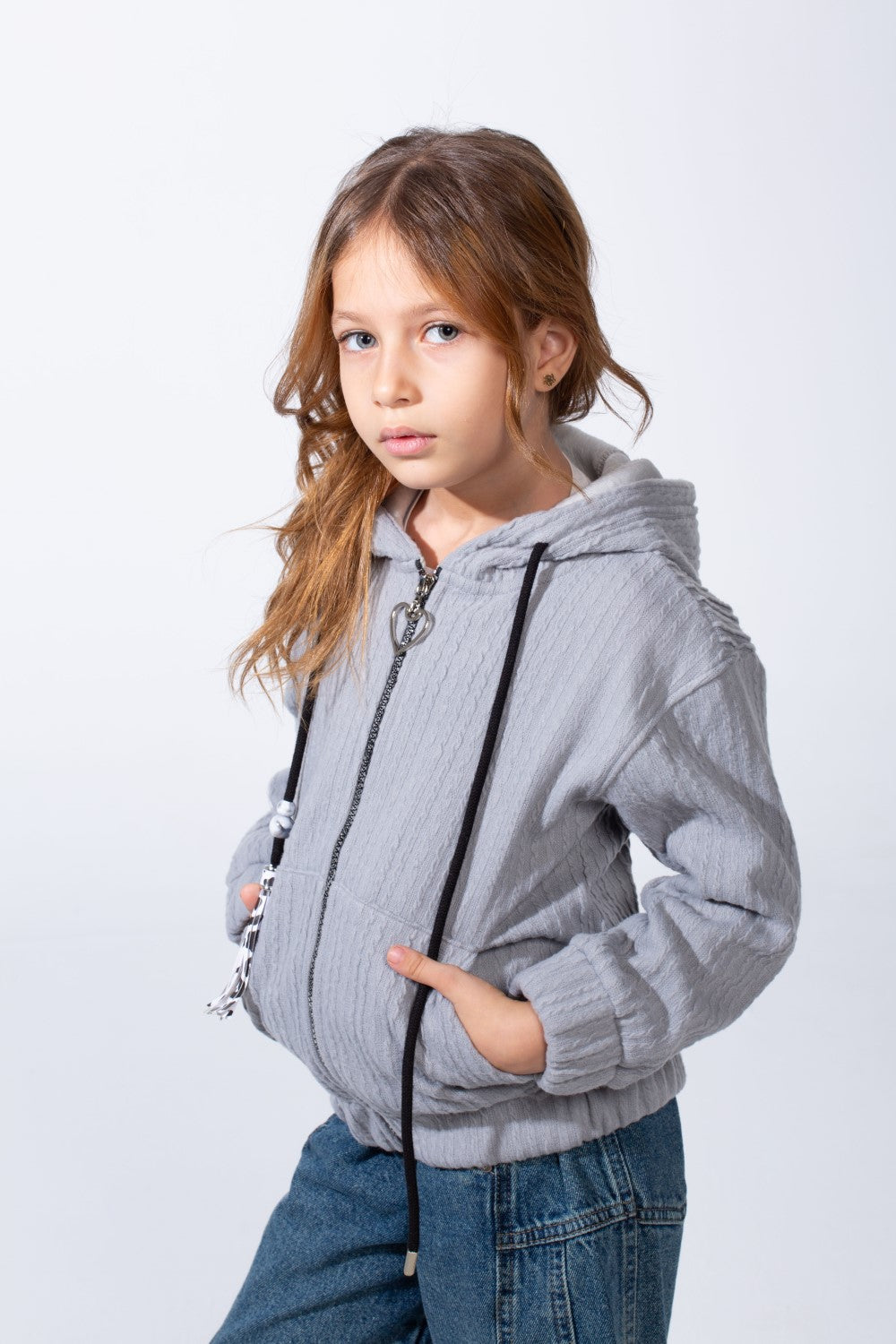 Girl's Textured Zip-Up Ribbed Patterns Split Kangaroo Front Pockets Tomato Store Slim Fit Sweatshirt