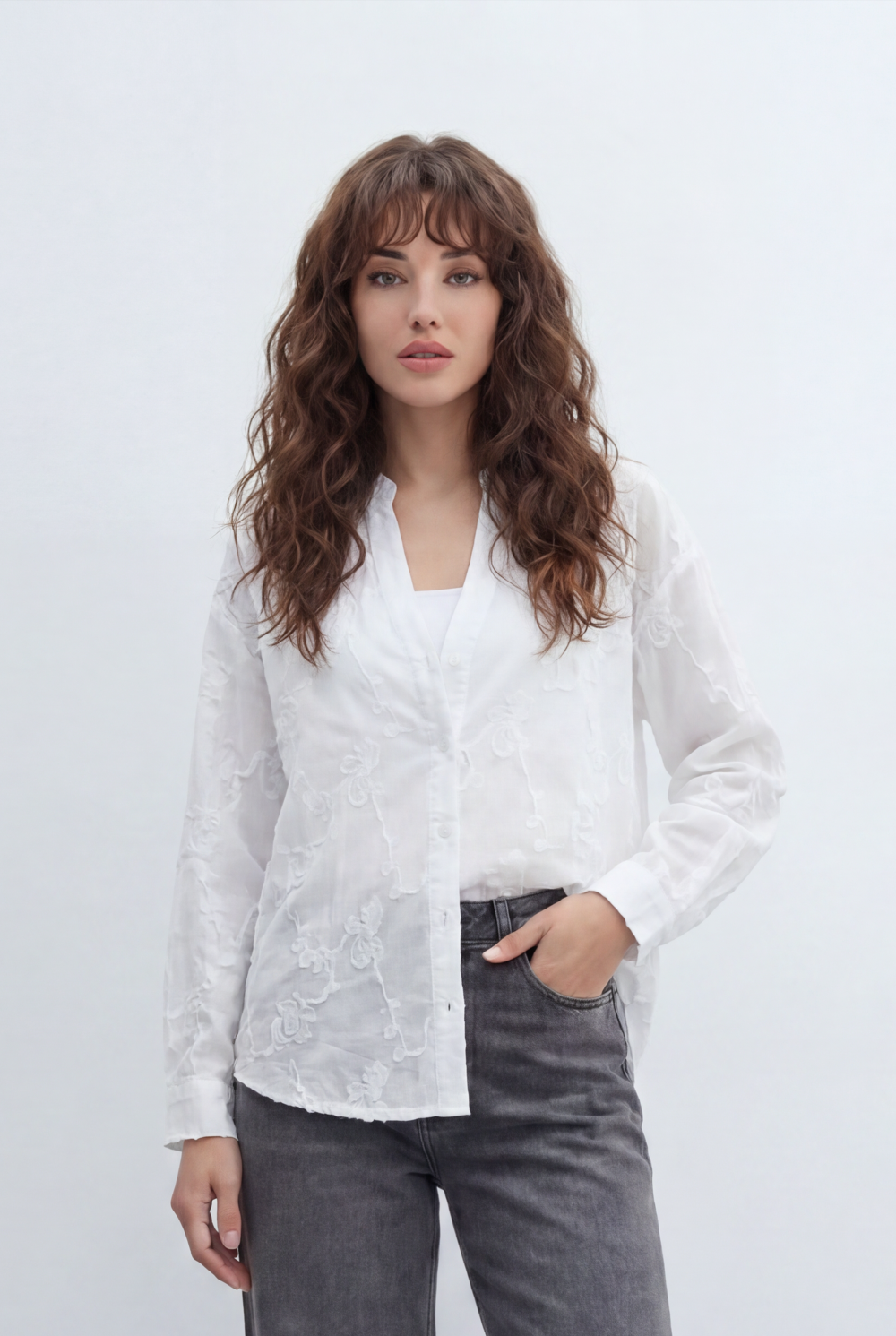 Women’s Tomato Store Bloom Lace Blouse With Sheer Organza Texture Raised Floral Embroidery Front And Back