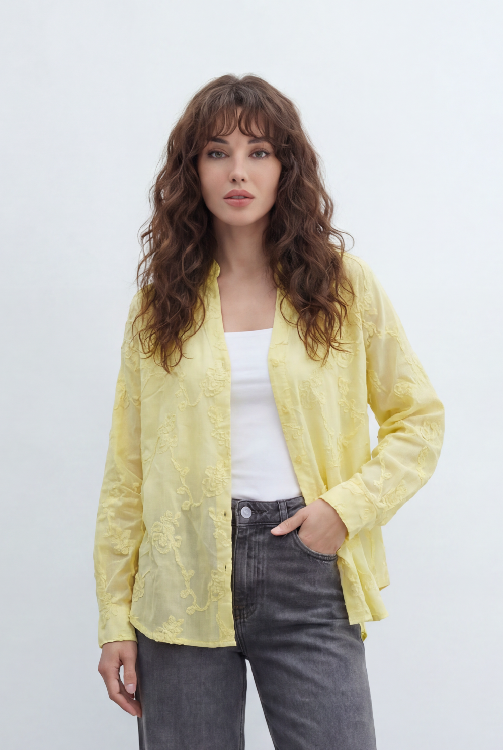 Women’s Tomato Store Bloom Lace Blouse With Sheer Organza Texture Raised Floral Embroidery Front And Back